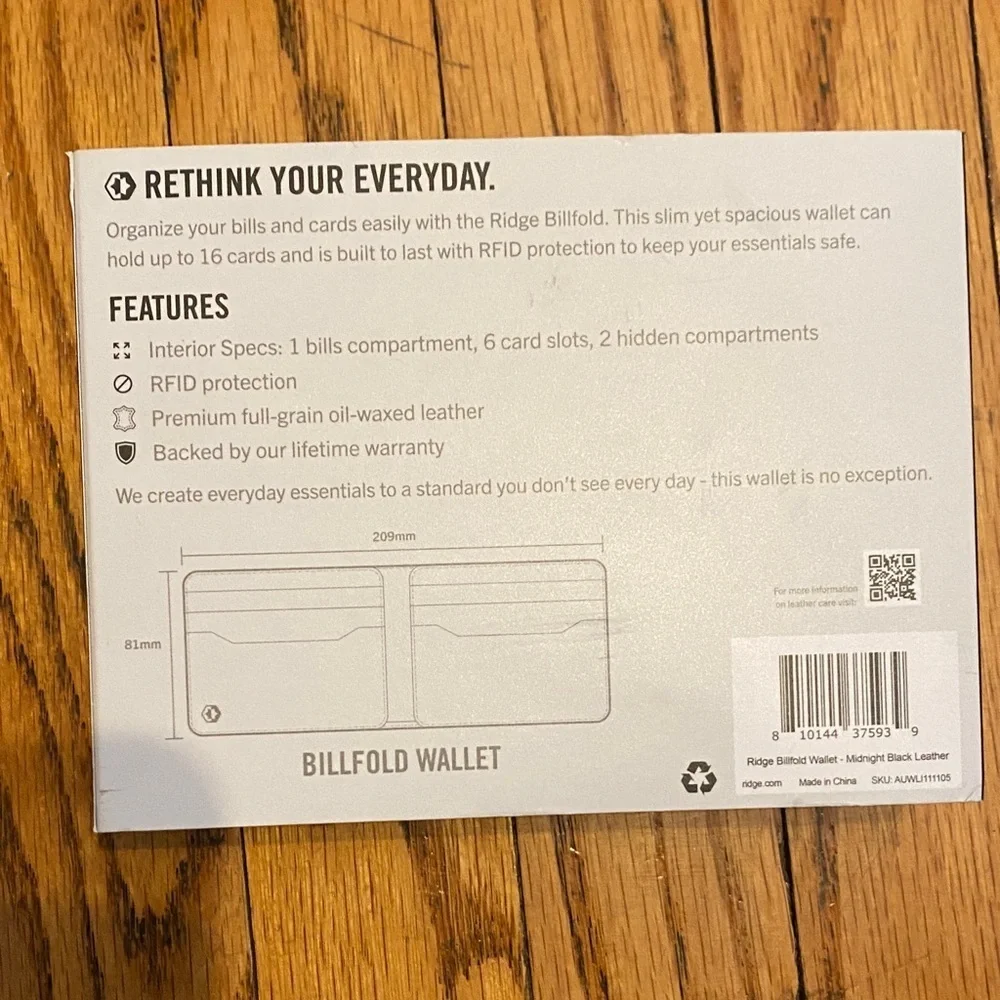 Ridge Billfold Wallet in Black Leather